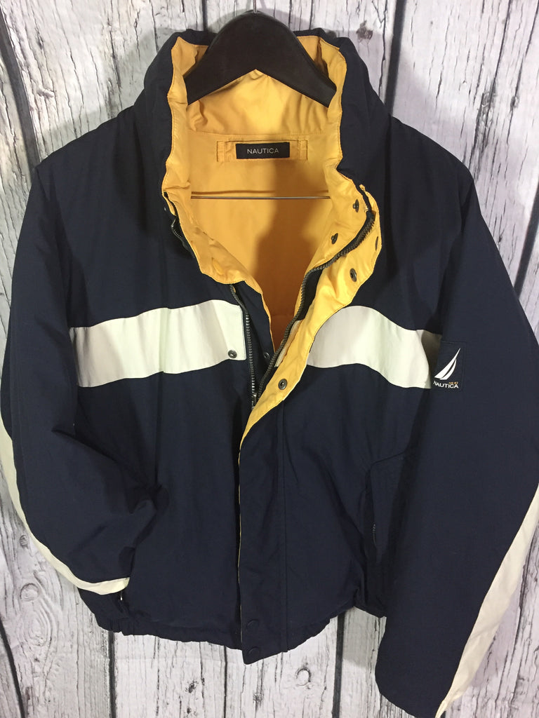 Vintage Nautica Mens Reversible Down Puffer Coat Yellow Blue XL