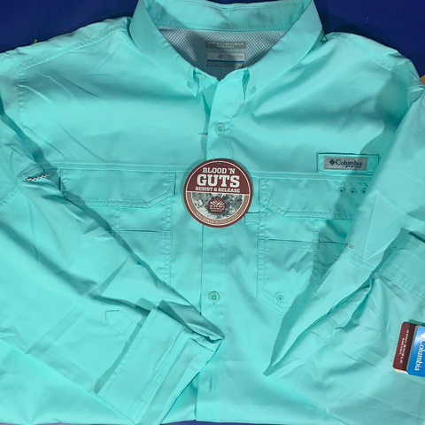 Men’s XL Columbia PFG LS Shirt Blood Guts Teal Blue Omni